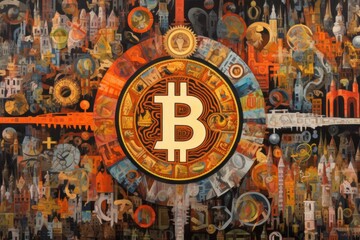 A cryptic painting of the Bitcoin logo, full of symbolic imagery