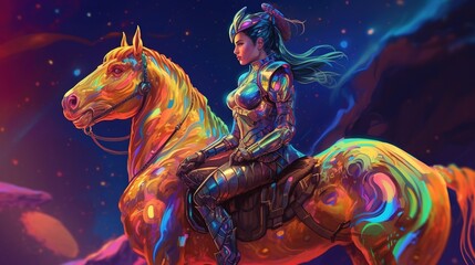 Obraz na płótnie Canvas A horse wearing futuristic armor with a knight on it. Fantasy concept , Illustration painting. Generative AI