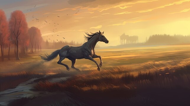 A horse running through a field. Fantasy concept , Illustration painting. Generative AI