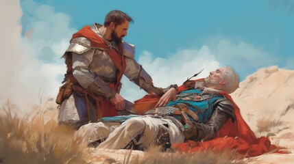 A cleric healing a wounded comrade. Fantasy concept , Illustration painting. Generative AI