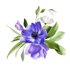 Fototapeta premium Flowers composition isolated on transparent background. Watercolor illustration with magnolia, anemone, wildflower, tropical leaf. Hand painted spring Botanical bouquet for textiles, invitation, wallp