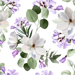 Flowers seamless pattern on transparent background. Watercolor illustration with garden white, lilac flowers, leaves, eucalyptus. Botanic tile. Template design for textiles, interior, invitation, wall