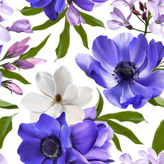 Fototapeta premium Floral seamless pattern on transparent background. Watercolor illustration with garden white, lilac wild flowers, tropical leaf. Botanic Template design for print, interior, invitation, wallpaper