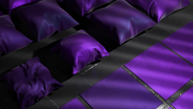 Violet flat squares transform into inflatable pillows. Shadow on the floor. Flying over red satin pillows. 3d animation 