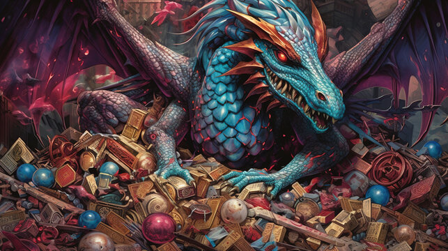 A cyborg dragon guarding a treasure hoard. Fantasy concept , Illustration painting. Generative AI