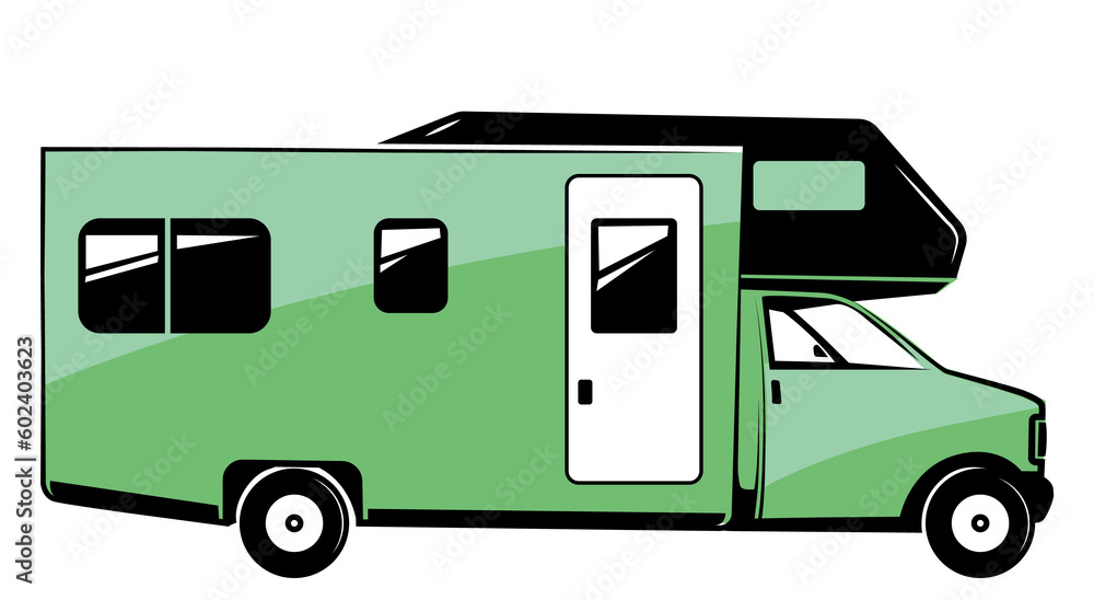 Sticker Rv trailer icon. Green camper. Mobile house transport