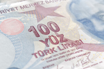 100 Turkish Lira banknotes texture background. 