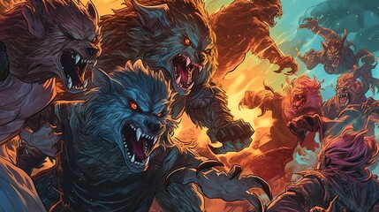 A cyborg werewolf fighting a group of aliens. Fantasy concept , Illustration painting. Generative AI
