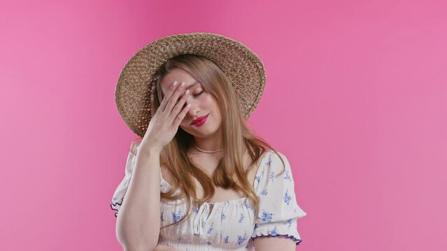 Ashamed confused woman, no, she forgot. Girl feeling sorrow,regret,drama,failure
