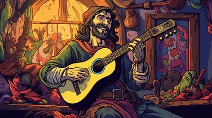 Fototapeta na wymiar A bard playing a lute in a tavern. Fantasy concept , Illustration painting. Generative AI