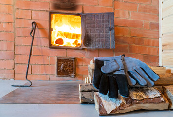 open door of wood-burning stove