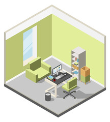 Office isometric interior. Business manager room with furniture