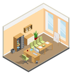 Conference room interior. Isometric business office furniture