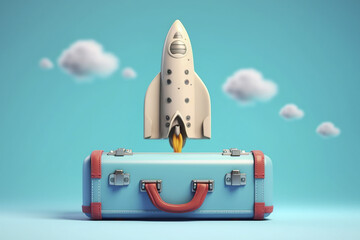 Rocket in suitcase, travel and vacation concept. Generative AI.