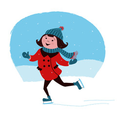 Naklejka na ściany i meble Girl ice skating in the snow with red pea coat and turquoise scarf, hat and gloves. 