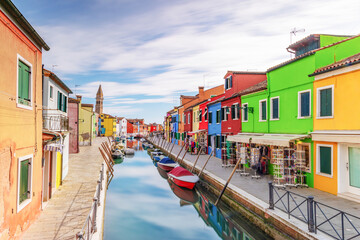 Fototapeta na wymiar Burano coloured houses and canal on the island near Venice Italy. 