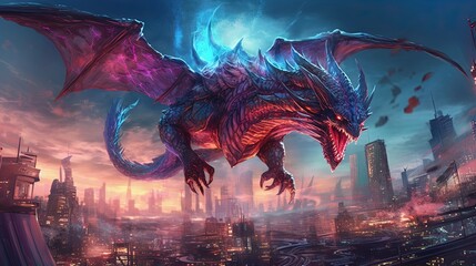 Fototapeta na wymiar A dragon flying over a futuristic city. Fantasy concept , Illustration painting. Generative AI