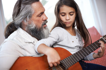 Music, guitar and grandfather teaching girl to play, help with creativity, learning and creative...