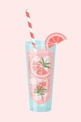 Grapefruit and rosemary cocktail with ice and straw in the glass. Isolated vector illustration.	