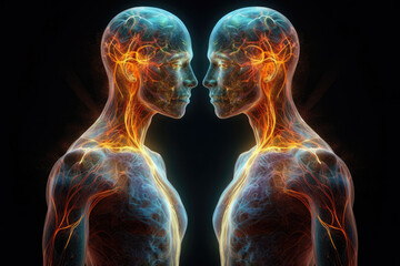 Two spiritual human bodies on dark background. Souls connection. Created with Generative AI