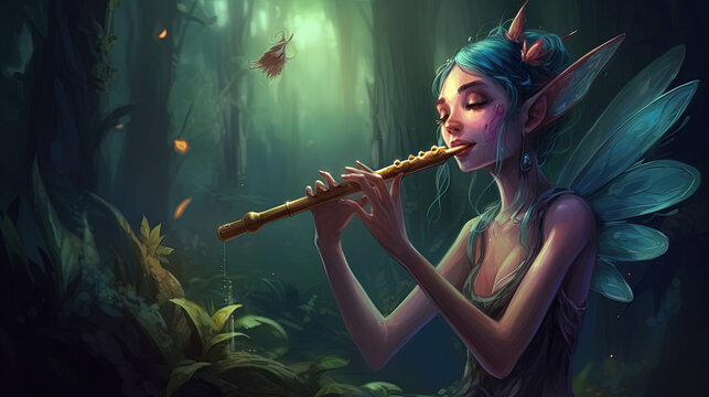 A faerie playing a musical instrument. Fantasy concept , Illustration painting. Generative AI