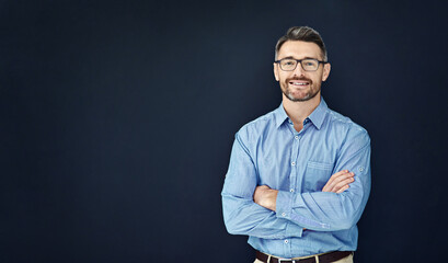 Portrait, business and man with arms crossed, mockup and employee against dark studio background. Face, male person and entrepreneur with startup success, career and ceo with a smile and professional - obrazy, fototapety, plakaty