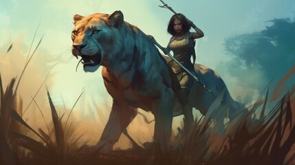 A fierce huntress and her tamed lion hunting prey in the savannah. Fantasy concept , Illustration painting. Generative AI
