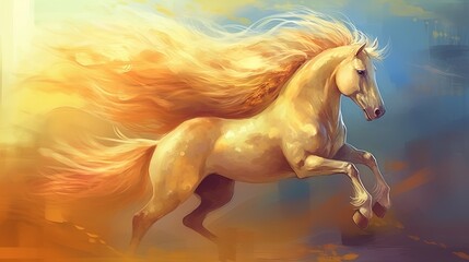 A flying horse with a golden mane. Fantasy concept , Illustration painting. Generative AI