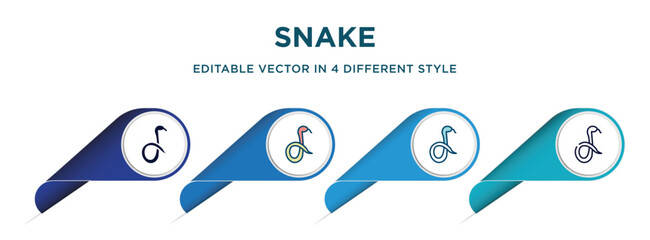 snake icon in 4 different styles such as filled, color, glyph, colorful, lineal color. set of   vector for web, mobile, ui