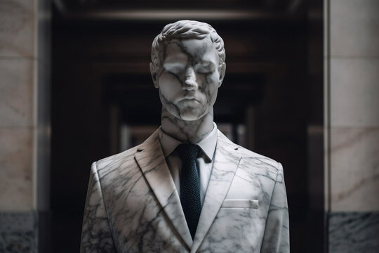  Business man statue or sculpture in a suit with the head made of marble. Ai generated