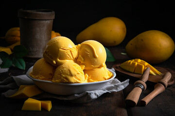 Mango ice cream in a bowl product photography with natural lighting. Ai generated