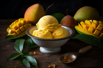 Mango ice cream in a bowl product photography with natural lighting. Ai generated