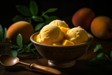 Mango ice cream in a bowl product photography with natural lighting. Ai generated