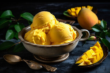 Mango ice cream in a bowl product photography with natural lighting. Ai generated