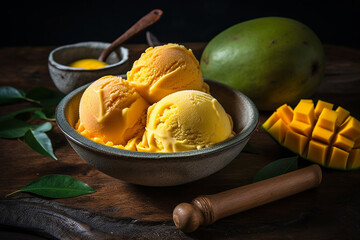 Mango ice cream in a bowl product photography with natural lighting. Ai generated