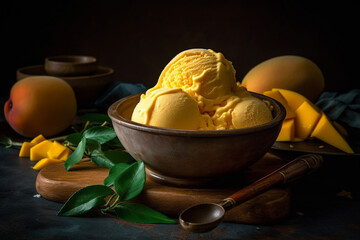 Mango ice cream in a bowl product photography with natural lighting. Ai generated