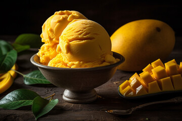Mango ice cream in a bowl product photography with natural lighting. Ai generated