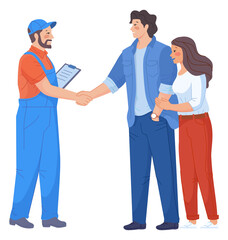 Mover shaking hand with couple. House moving service