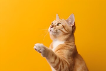 Funny ginger cat with its front paw raised on orange background, copy space. Generative AI.