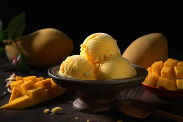 Mango ice cream in a bowl product photography with natural lighting. Ai generated
