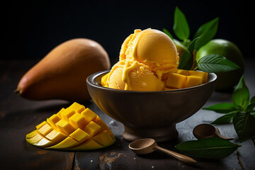 Mango ice cream in a bowl product photography with natural lighting. Ai generated