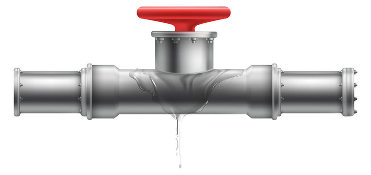 Metal pipe with red valve. Realistic pipeline element