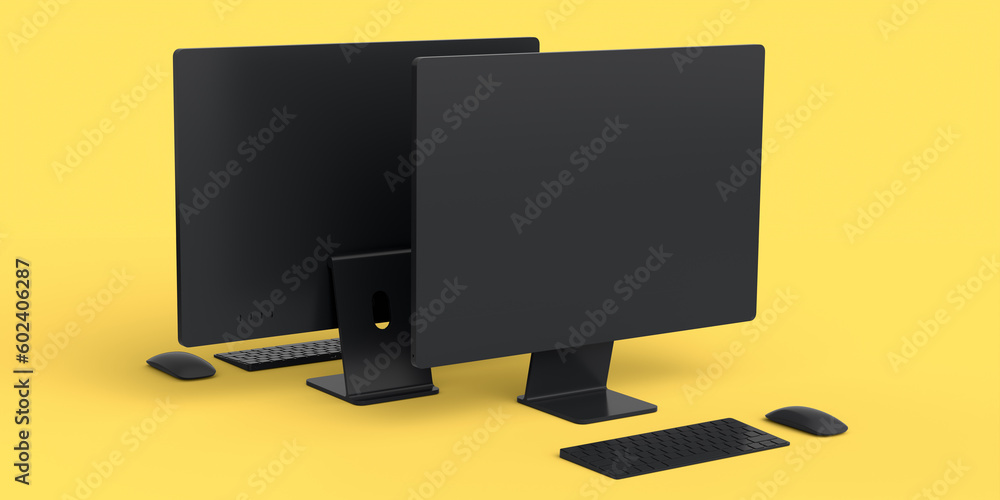 Poster set of computer tablet with keyboard and blank screen isolated on yellow