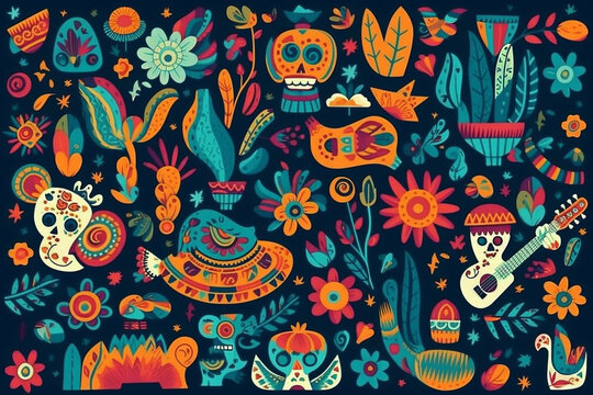Mexican figurines pattern vector wallpaper background design. Ai generated