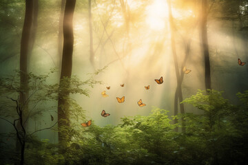 Soft sunrays through thick forest or jungle with butterflies. Ai generated