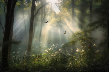 Obraz premium Soft sunrays through thick forest or jungle with butterflies. Ai generated