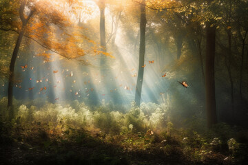 Soft sunrays through thick forest or jungle with butterflies. Ai generated