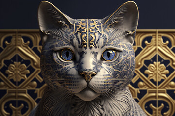 Cat statue made of marble and gold. Ai generated.