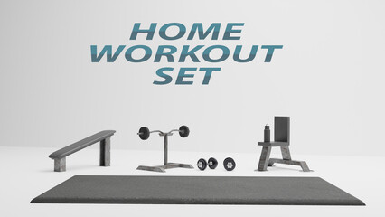 Home workout vector illustration. composition with black mattress, dumbbells sitting bench and water bottle. Fitness and training at home. Healthy lifestyle. Realistic 3d style