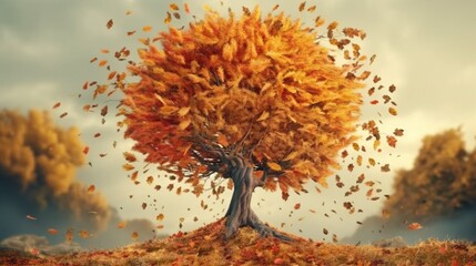 Human memory loss, dementia, alzheimer desease. Tree in a form of human tree with falling leaves (4). Generative AI. - obrazy, fototapety, plakaty
